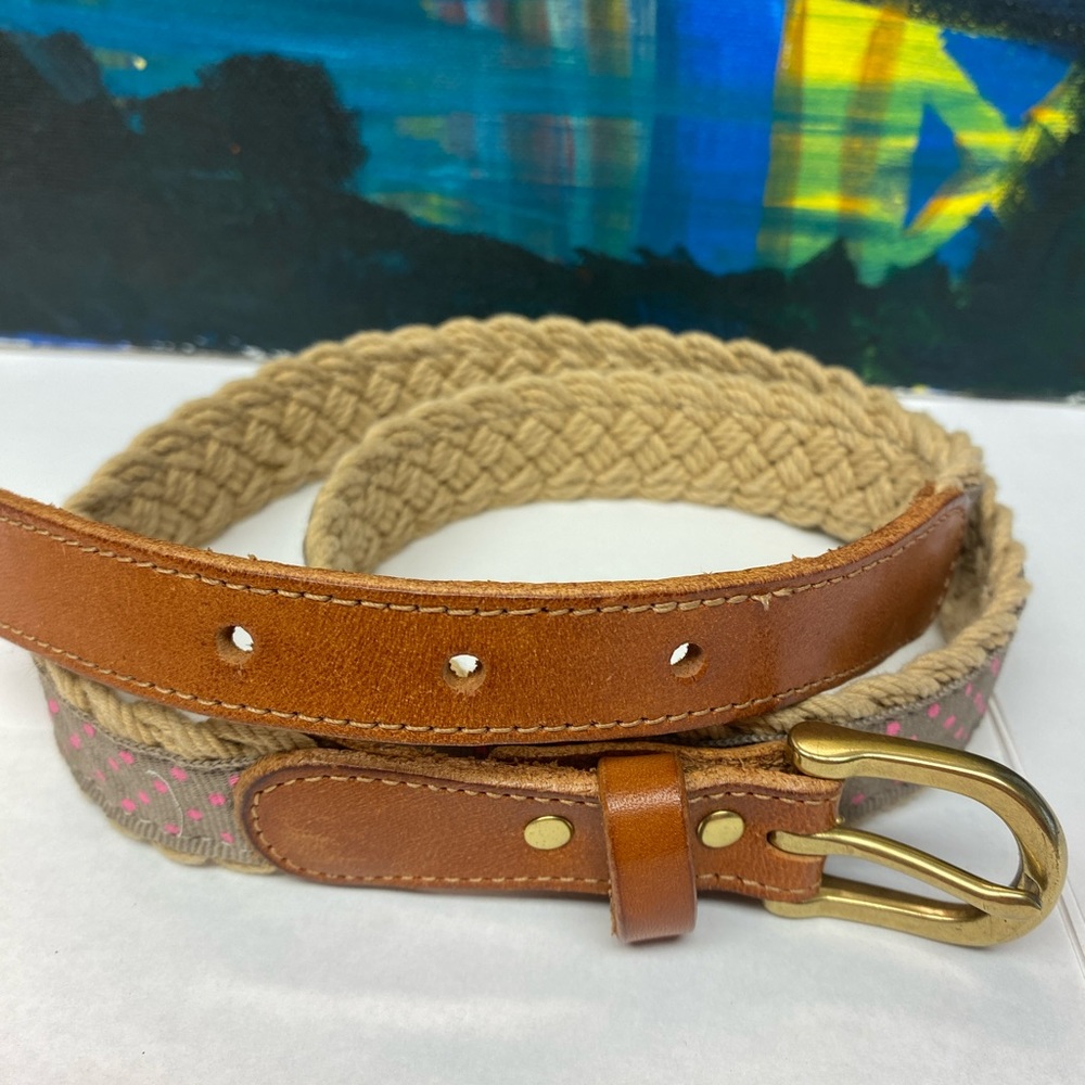 Women’s polka dot pink,gray,cotton leather, brass buckle belt, small